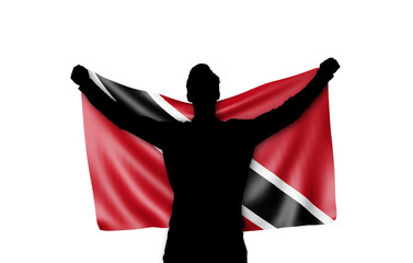 Male silhouette holding Trinidad national flag. 3D Rendering