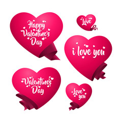 A set of pink hearts templates of different sizes and shapes with Valentines Day greetings written in the hearts. Vector illustration.
