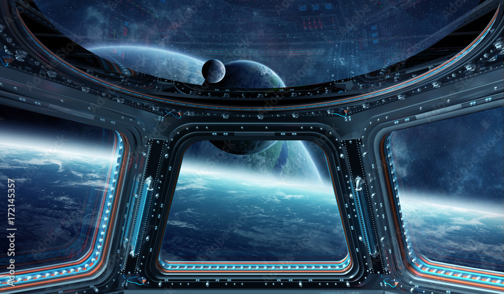 Poster View of outer space from a space station window 3D rendering elements of this image furnished by NASA