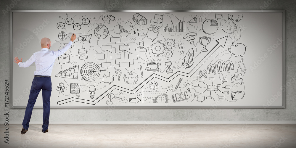 Aufkleber businessman drawing a project sketch on a board 3d rendering