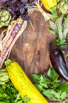 Fresh organic vegetables wooden floor with copy space