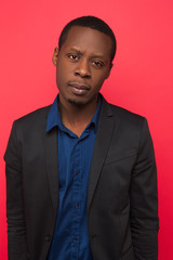 Distrust emotion. Tired African American man. Black male looking with contempt, disrespect in relationship, cynicism concept