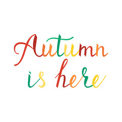 Modern brush phrase autumn is here. Word of Fall isolated on white background. trendy colors of autumn