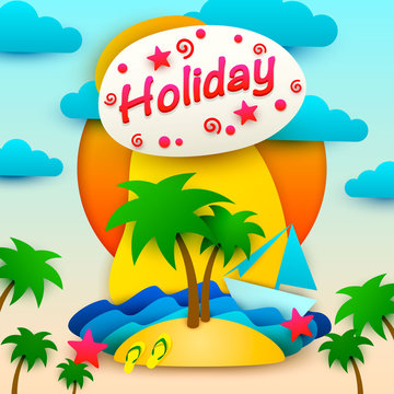 Vacation on the island postcard. Paper style covers summer . Vector illustration