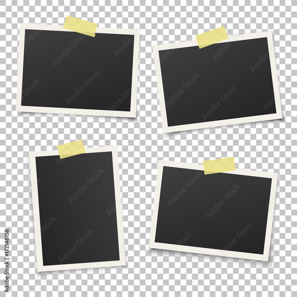 Poster Set of vintage photo frame with yellow adhesive tape. Vintage style.  Vector illustration with adhesive tapes. Photorealistic Vector EPS10 Mockups. Retro Photo Frame Template for your photos.