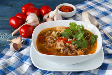 Hot Georgian cuisine soup kharcho with lamb