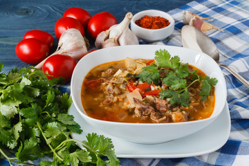 Hot Georgian cuisine soup kharcho with lamb