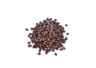 Roasted coffee beans pile from top on white background