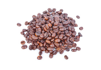 Roasted coffee beans pile from top on white background