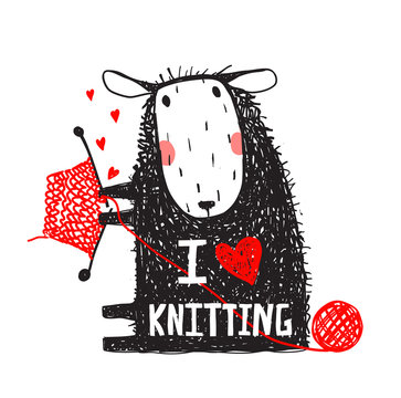 I Love Knitting Sheep Print with Sign