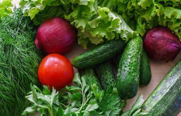 Beautiful green greens with cucumbers and red tomato and onions.
