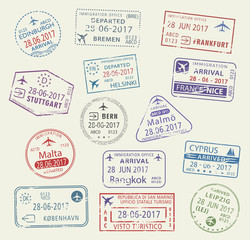 Obraz premium Vector icons of city passport stamps world travel