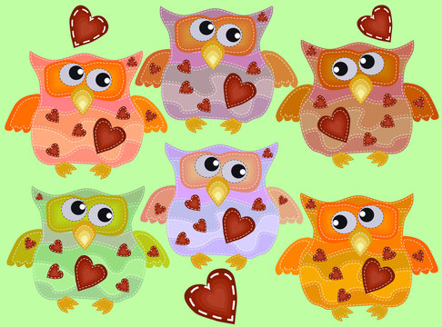 A set of six cool owls with drunken flickering eyes in different directions, hearts on the chest with imitation of sewing, lines, patches.