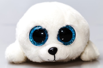 A white baby seal plush toy with big blue eyes. Furry cute animal.