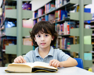 Adorable little child, boy, sitting in a Library, reading books