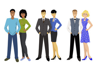 Black American, asian and european couple, mans and womans. Vector illustration