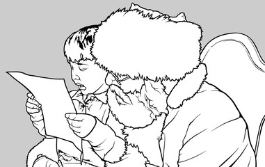 The Little Boy Reads a Letter of Wishes for Santa Claus - Christmas Illustration, Vector