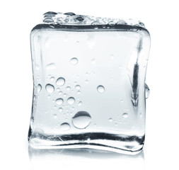 Transparent ice cube with reflection on white isolated background