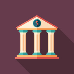 Bank building flat square icon with long shadows.