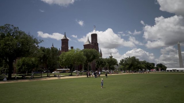 Steadicam shot of Washington Monument and the Smithsonian Institution Castle on the National Mall.