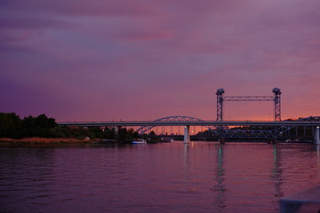 railway bridge at sunset, pink sky, Rostov-on-Don