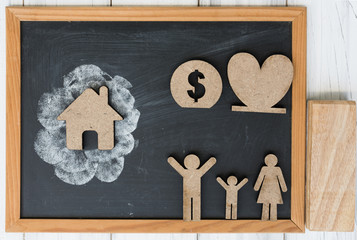 Happy family concept,father,mother,kid,love,house and money icon on blackboard background