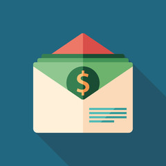 Money envelope flat square icon with long shadows.