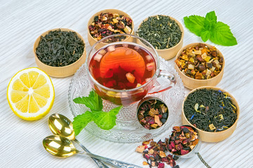 tea, fruit tea, Cup of tea, various kinds of tea, tea on the table