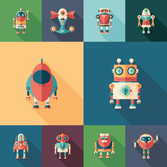 Space robots set of flat square icons with long shadows.