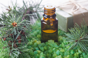 Pine essential oils and sea salt for aromatherapy