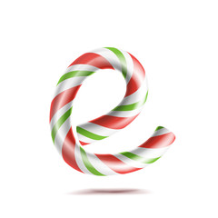 Letter E Vector. 3D Realistic Candy Cane Alphabet Symbol In Christmas Colours. New Year Letter Textured With Red, White. Typography Template. Striped Craft Isolated Object. Xmas Art Illustration