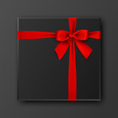 Black gift box with red bow and ribbon, vector illustration
