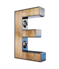 3D "E" letter made of wood and metal, 3d rendering
