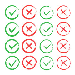 Tick and cross brush signs. Green checkmark OK and red X icons, isolated on white background. Simple marks graphic design. Symbols YES and NO button for vote, decision, web. Vector illustration