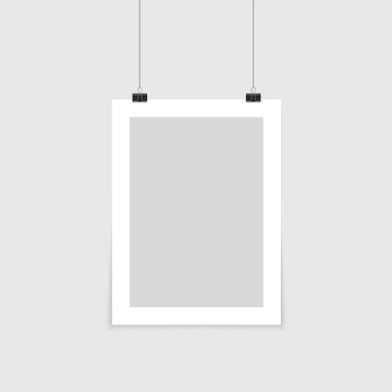 Poster mockup. Vector mock up blank paper hanging on office clip. Paper gallery set on white background