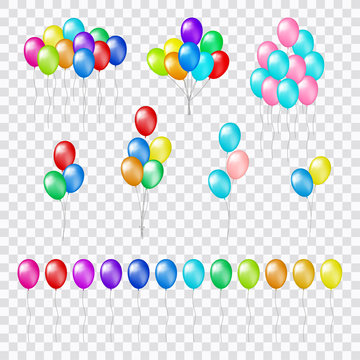 Bunches and groups of colorful helium balloons isolated on transparent background