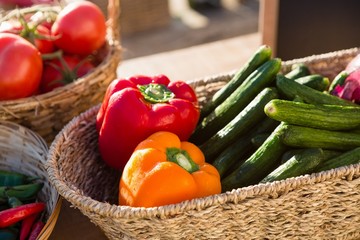 Various fresh vegetables in wicker basket