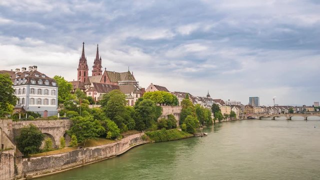 Basel city skyline timelapse and Rhine River, Basel, Switzerland, 4K Time lapse