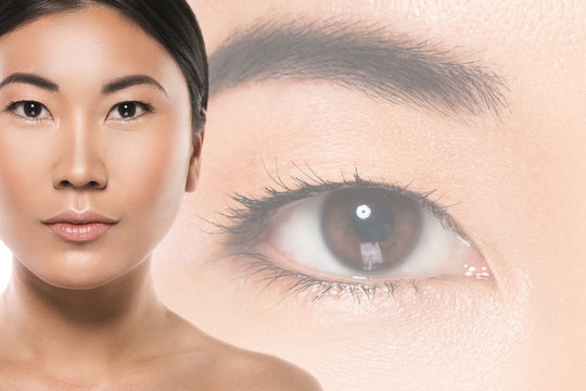 Asian woman and eye on background