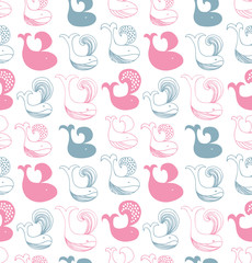 Cute seamless pattern with different whales silhouettes. Vector gentle background