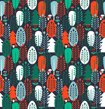 Seamless background with stylized trees. Scandinavian forest pattern