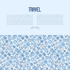 Fototapeta na wymiar Travel and vacation concept with thin line icons: plane, tickets, hotel, sights and place for text. Vector illustration for banner, web page, print media.