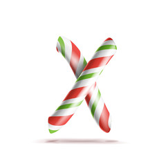 Letter X Vector. 3D Realistic Candy Cane Alphabet Symbol In Christmas Colours. New Year Letter Textured With Red, White. Typography Template. Striped Craft Isolated Object. Xmas Art Illustration