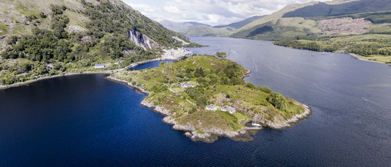 Fototapeta na wymiar Aerial view of Ardchattam and Bonawe seen from Loch Etive