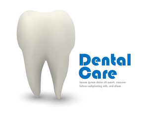 Realistic 3D tooth with dental care text, vector illustration