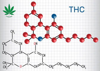 Tetrahydrocannabinol (THC) - structural chemical formula and molecule model. Is the principal psychoactive constituent of cannabis. Sheet of paper in a cage