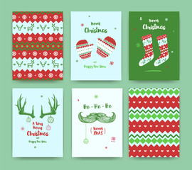 Merry Christmas greeting card set with socks, winter gloves, mustache and horns, classic colors