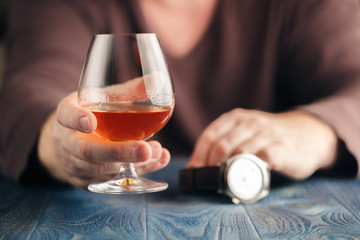 Alcohol abuse, alone man drink whisky for relax