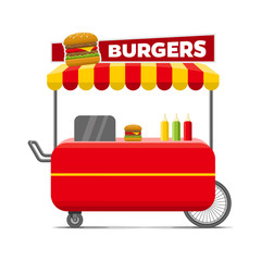 Burgers street food cart. Colorful vector illustration, cartoon style, isolated on white background