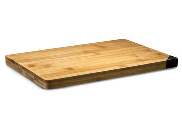 A wooden cutting board on a white background